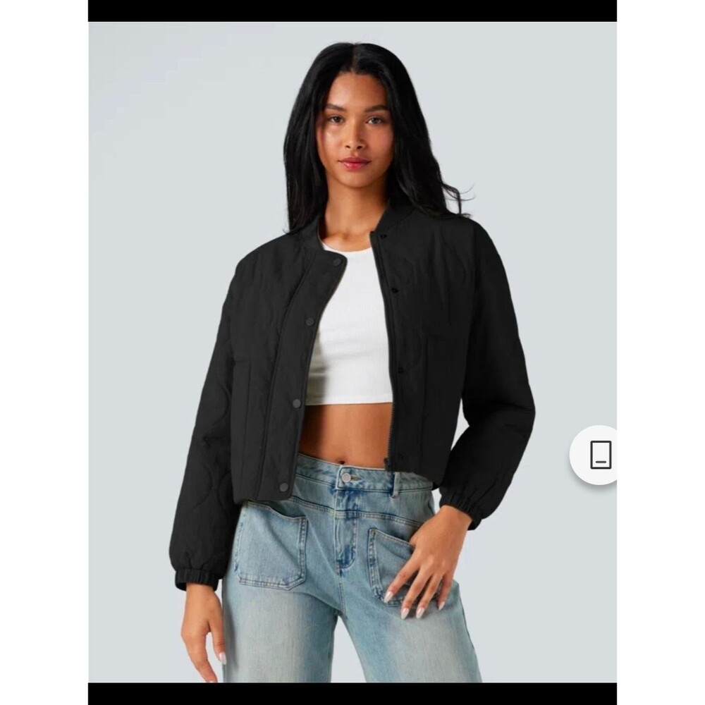 Stand Collar Long Sleeve Casual Bomber Quilted Jacket with Pockets; S